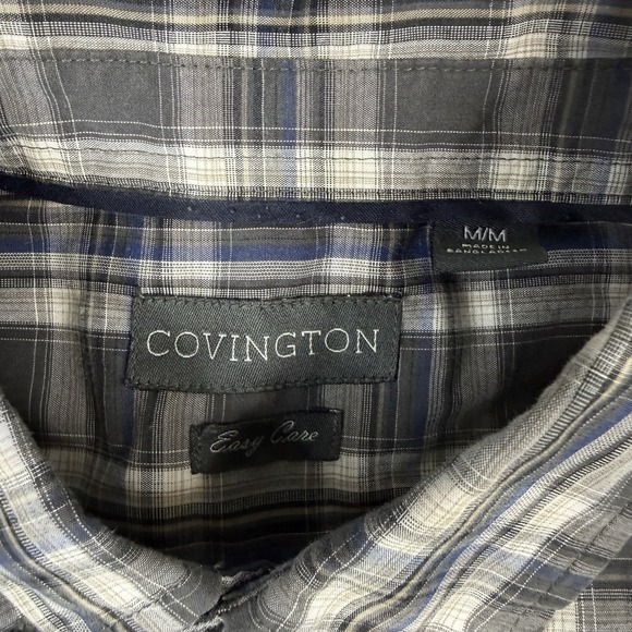 Covington Mens Easy Care Button Down Shirt Sz M Short Sleeve Gray Plaid - Picture 3 of 6
